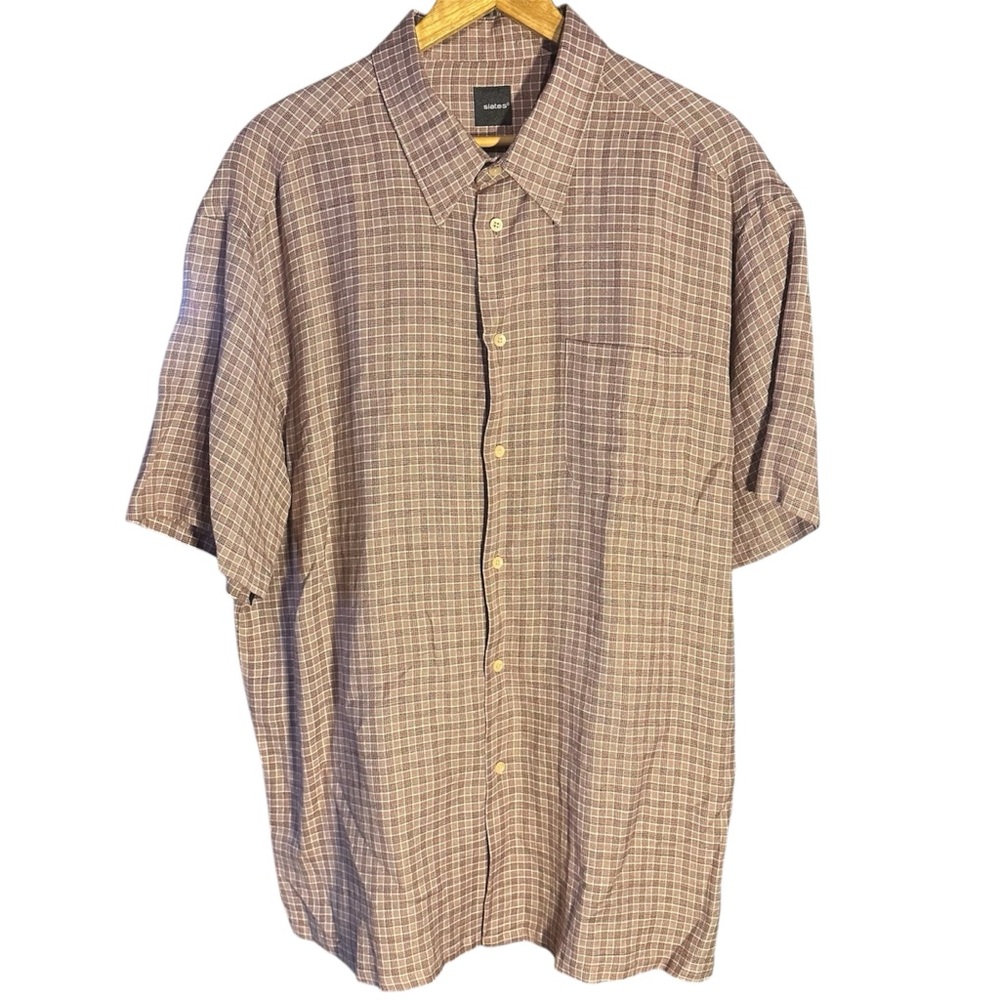 Vintage Slates Linen Blend Button Up Shirt Mens XXL Brown Tan PlaidShort Sleeve